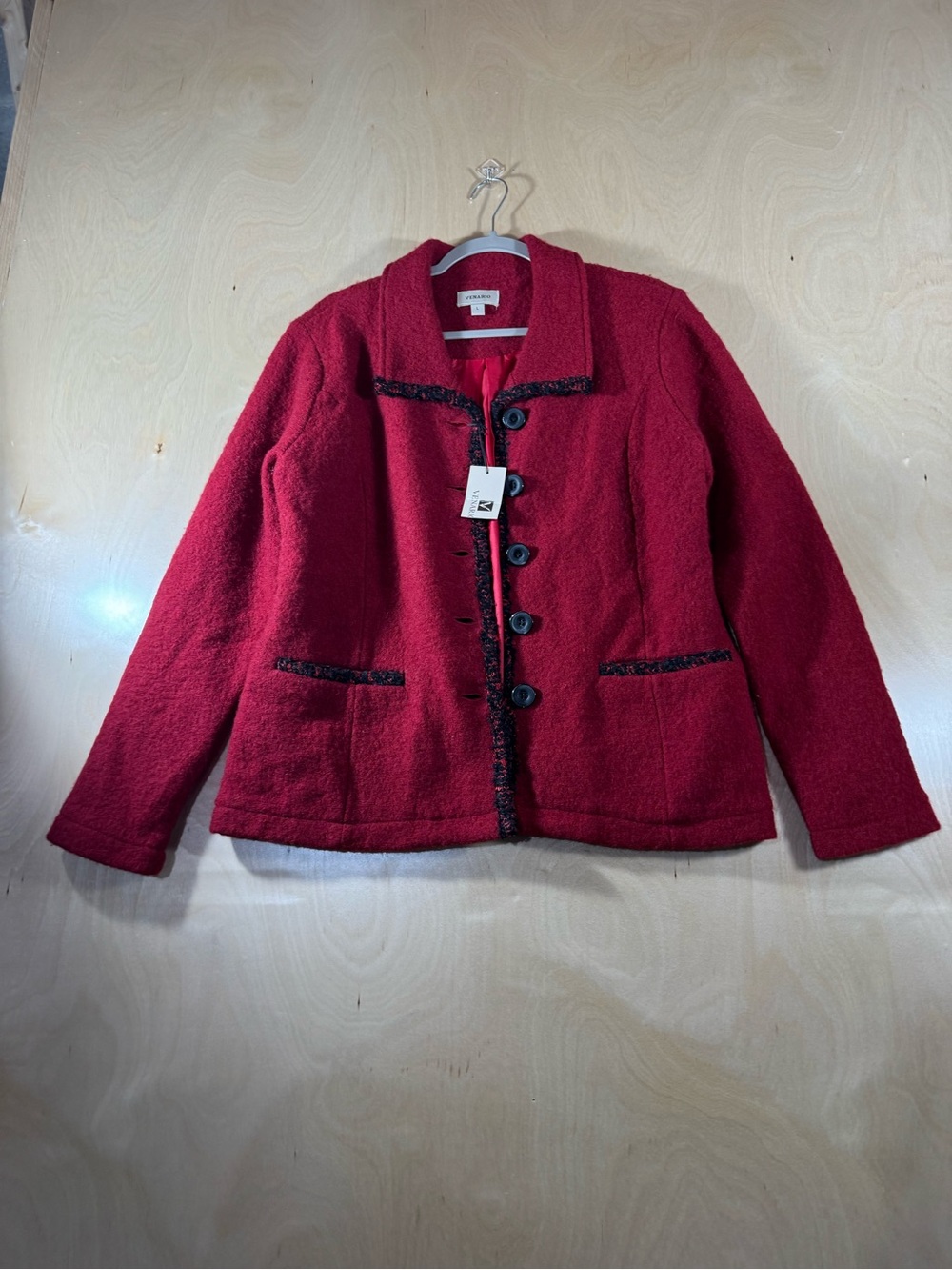 Wool-Blend Red Button-Front Blazer Jacket - Women Size Large